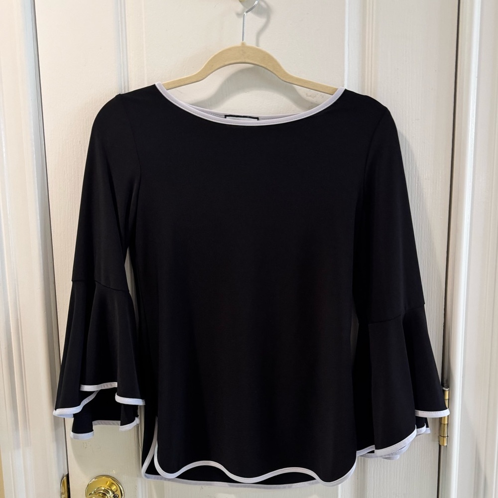 Sam and Jess Contrast Trim, 3/4 Bell Sleeved, Black and White Top